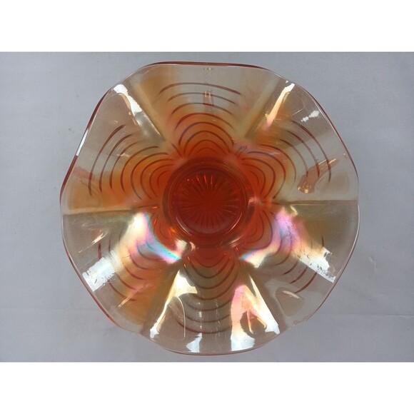 Vintage Bowl And Goblet Handmade Orange Carnival Glass Reverse Ruffled Edges - Picture 10 of 10